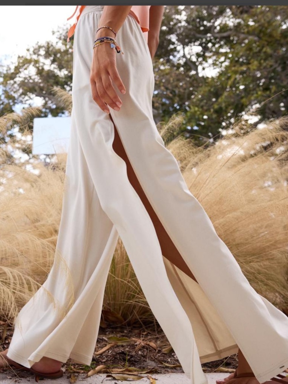 aerie Cream Wide-Leg Side-Slit Pants